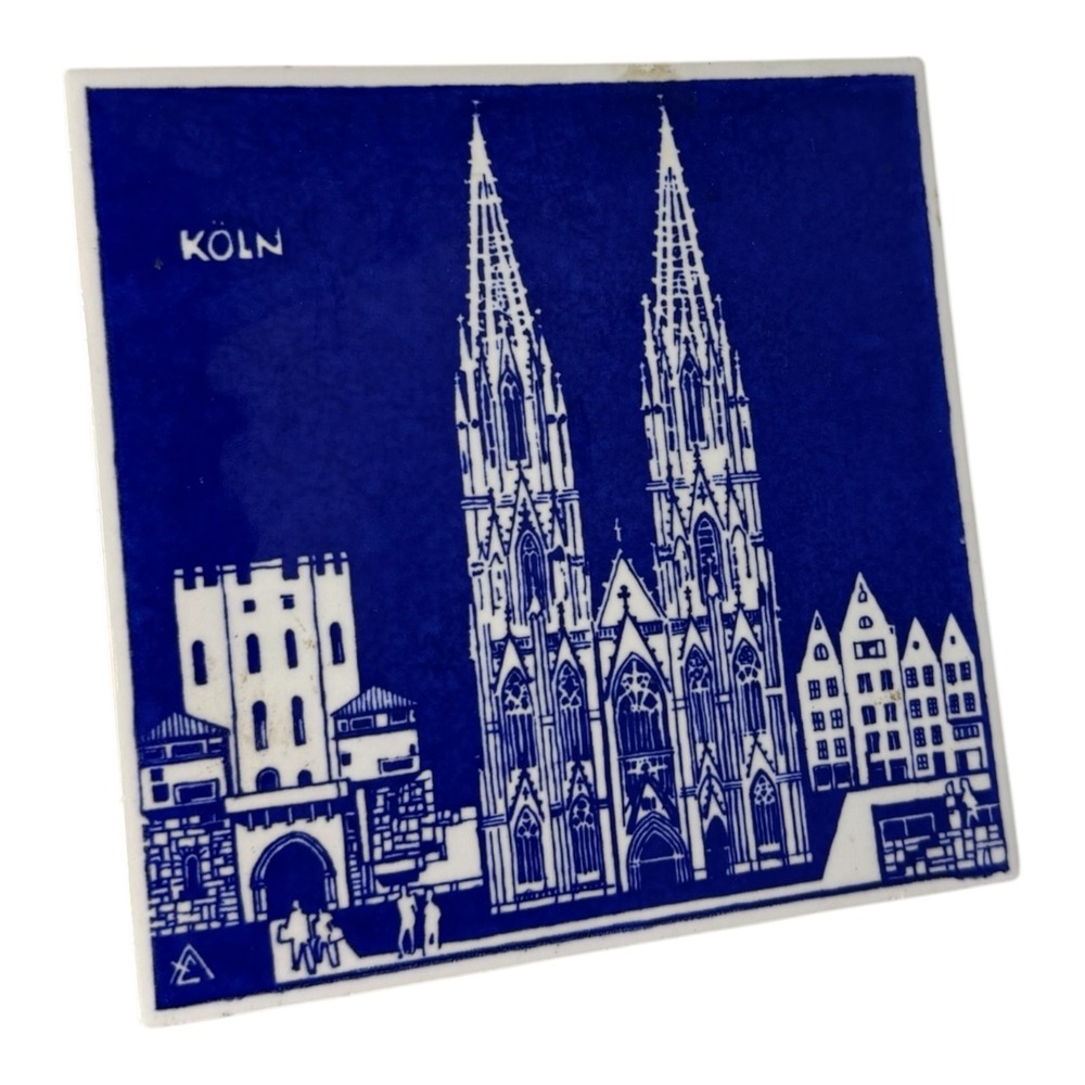 Vintage Alfred Evers Köln Germany Ceramic Art‎ Tile Blue White Cologne Cathedral
